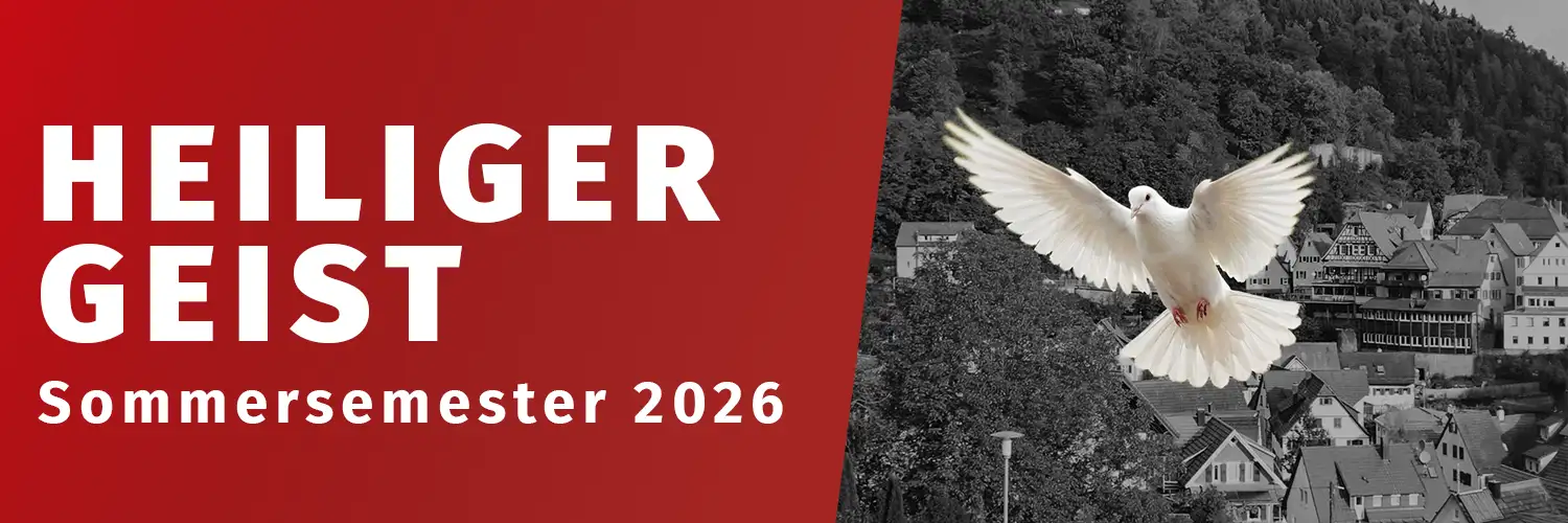 Header-Heiliger-Geist Symbolische Darstellung des Heiligen Geistes: Eine Taube fliegt über einer Stadtansicht von Bad Liebenzell, kombiniert mit dem Schriftzug 'HEILIGER GEIST Sommersemester 2026' auf einem roten Hintergrund.