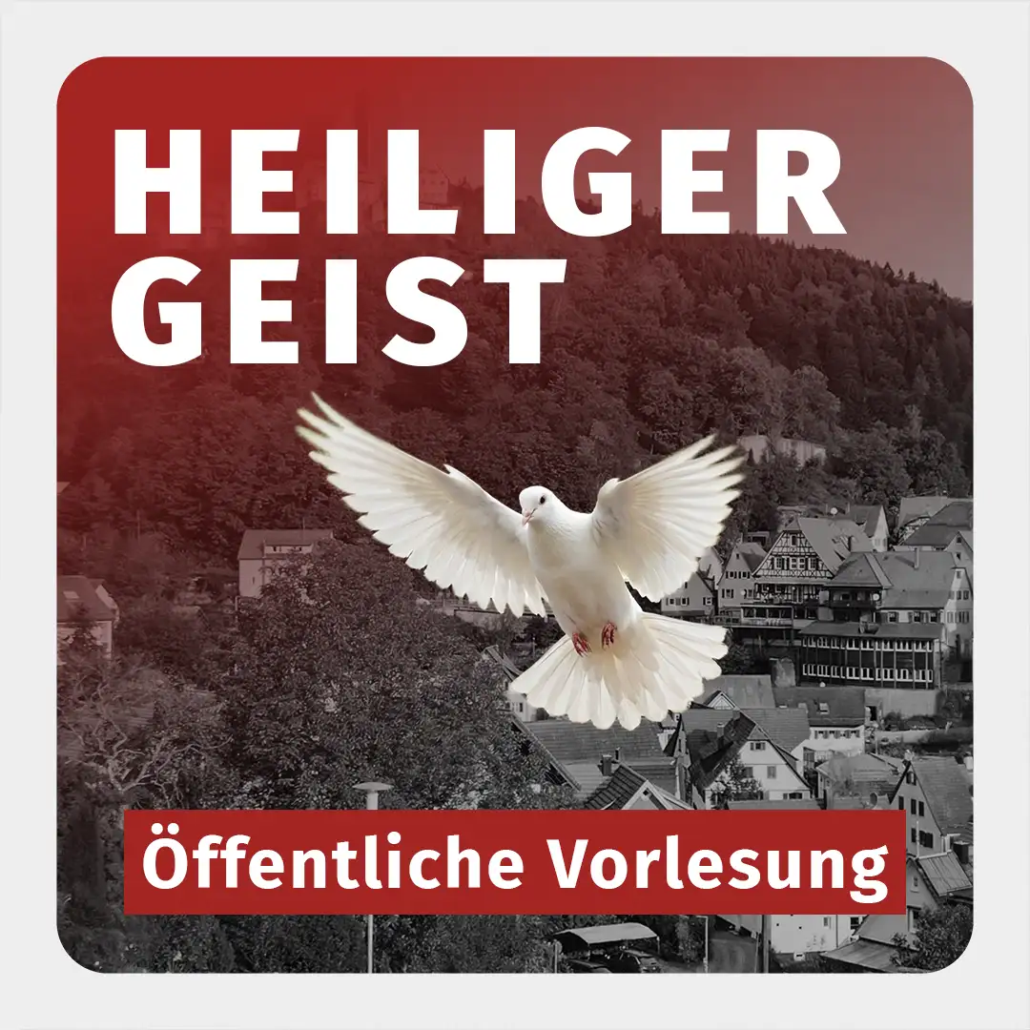 Auf dem Bild fliegt eine weiße Taube vor der schwarz-weiß eingefärbten Landschaft von Bad Liebenzell. Das Bild enthält den Schriftzug "Heiliger Geist. Öffentliche Vorlesung"