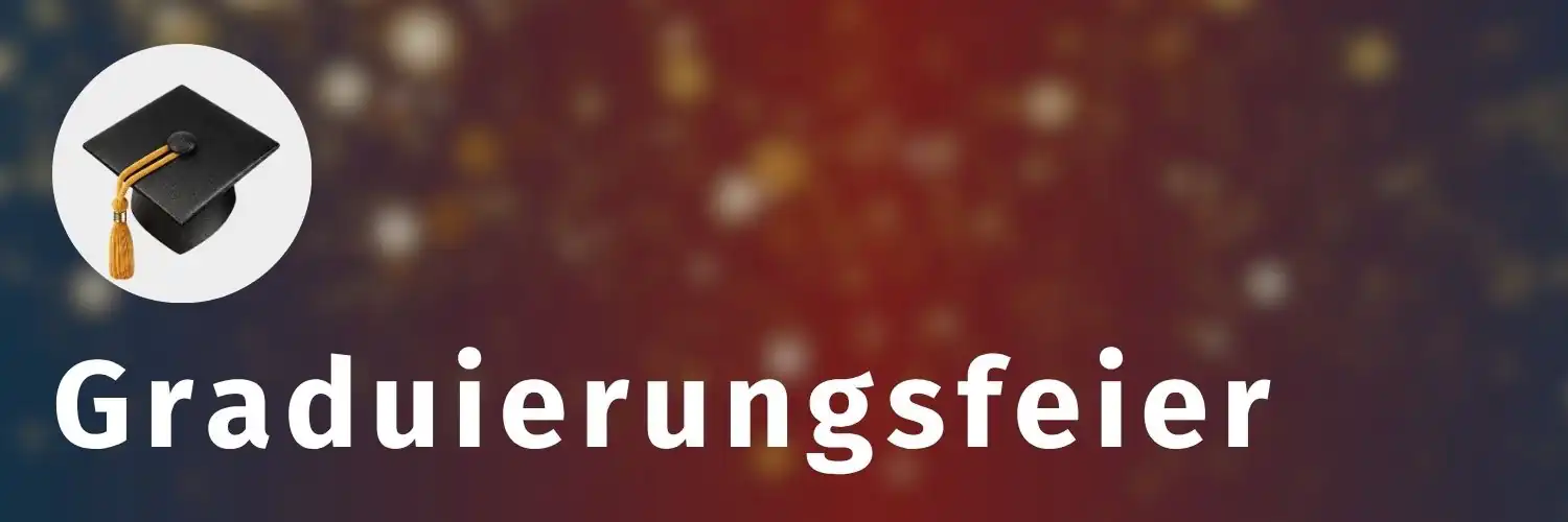 Das Banner enthält den Titel „Graduierungsfeier“ und das Symbol einer Absolventenkappe.