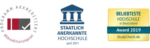 Drei Auszeichnungen der Internationalen Hochschule Liebenzell nebeneinander: Das Siegel des Akkreditierungsrats für Programmakkreditierung, ein blaues Icon für eine staatlich anerkannte Hochschule seit 2011 sowie der gelbe Award von StudyCheck.de als beliebteste Hochschule in Deutschland 2019.