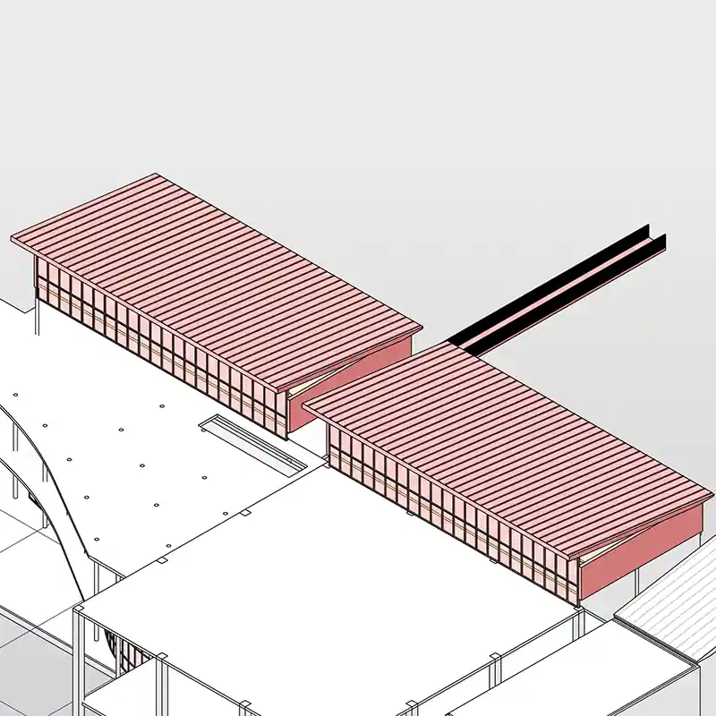 3D-Architekturmodell der geplanten Erweiterung des Lehrgebäudes an der Internationalen Hochschule Liebenzell. Die Isometrie zeigt den neuen Gebäudeanbau für das Missions- und Schulungszentrum mit charakteristisch strukturierten, rötlichen Dach- und Fassadenelementen.